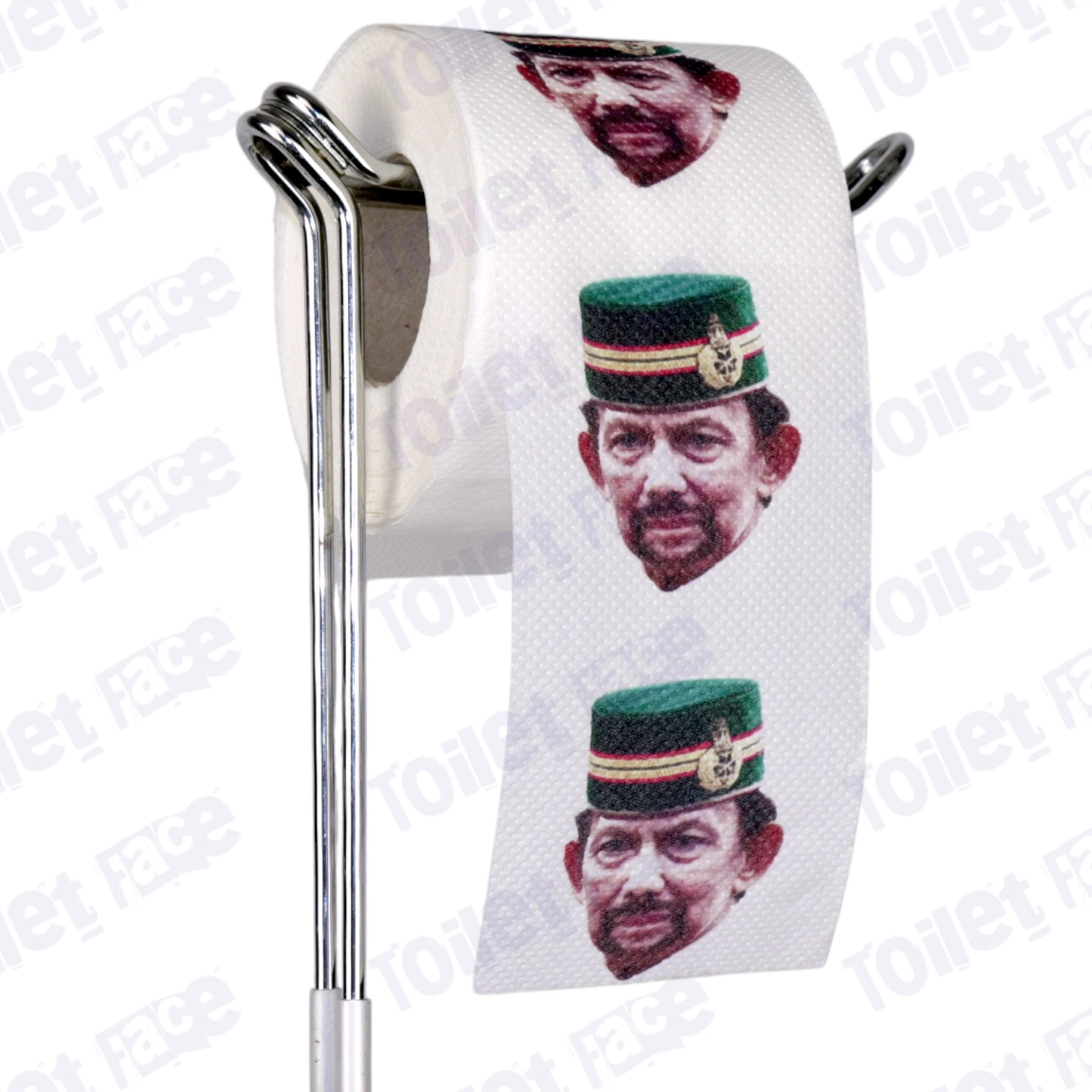 Hassanal_Bolkiah-Image1 Hassanal Bolkiah Novelty Toilet Paper Product Image On A Stand
