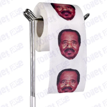 Paul Biya Novelty Toilet Paper Product Image On A Stand